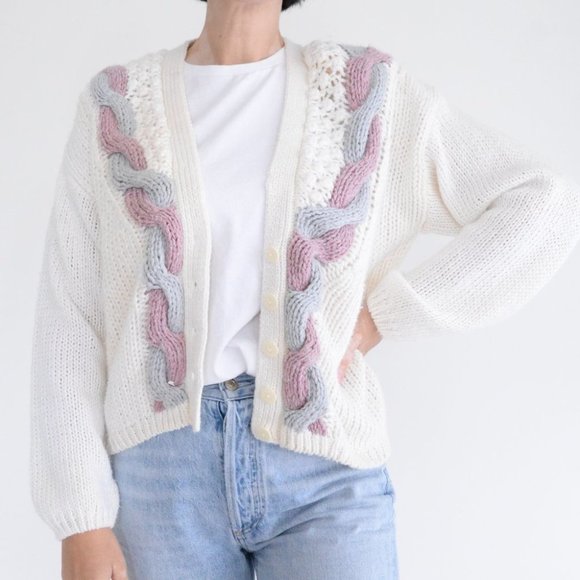 Vintage Hunters Run Cream, Purple & Blue Button Up Knit Cardigan L - Picture 2 of 12